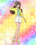 1girl ;d amanogawa_kirara bangs blue_headband blunt_bangs bracelet brown_hair earrings full_body go!_princess_precure headband highres jacket jewelry long_hair low_twintails official_art one_eye_closed open_clothes open_jacket open_mouth precure precure_connection_puzzlun purple_eyes skirt smile socks solo standing star_(symbol) star_earrings third-party_source twintails white_skirt yellow_jacket 