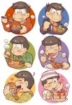  6+boys ahoge black_hair blueberry brothers burger cheese closed_eyes curry curry_rice diving_mask diving_mask_on_head eating fang food food_on_face food_request fruit goggles goggles_on_head hat heart highres long_sleeves male_focus mask matsuno_choromatsu matsuno_ichimatsu matsuno_jyushimatsu matsuno_karamatsu matsuno_osomatsu matsuno_todomatsu mouth_mask multiple_boys one_eye_closed open_mouth osomatsu-san pancake pancake_stack plaid plaid_shirt porkpie_hat portrait purple_sweater rice sanjiro_(tenshin_anman) sextuplets shirt short_hair siblings smile souffle_pancake strawberry sweater syrup thick_eyebrows whipped_cream 
