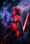  1girl black_bra black_gloves bra colored_skin dleoblack elbow_gloves gloves highres holding holding_lightsaber holding_weapon pelvic_curtain red_lightsaber red_skin reverse_grip solo star_wars tattoo twi&#039;lek underwear weapon yellow_eyes 