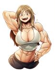  1girl abs arm_behind_head blonde_hair breasts brown_eyes cleavage highres large_breasts long_hair muscular muscular_female open_mouth original pants simple_background smile solo sparkeyjinjin tank_top track_pants white_background 