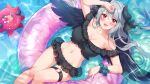  1girl akuma_meryl bangs bare_shoulders bikini black_bikini black_horns black_ribbon black_wings blush breasts buoy cleavage collarbone demon_horns eclipse_live_project feathered_wings feet_out_of_frame frilled_bikini frills grey_hair hair_between_eyes hair_ribbon hand_on_own_forehead horns large_breasts long_hair looking_at_viewer mikami_(mcm_ncb) mole mole_under_eye navel open_mouth partially_submerged red_eyes ribbon smile solo stomach swimsuit thigh_strap thighs virtual_youtuber water wings wrist_cuffs 