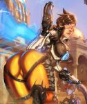  2girls ass blood blush bodysuit breasts brown_hair colored_skin commentary_request covered_nipples dual_wielding goggles gun handgun head-mounted_display highres holding holding_gun holding_weapon large_breasts lips looking_at_viewer looking_back multiple_girls nosebleed orange_bodysuit orange_goggles overwatch overwatch_1 photoshop_(medium) ponytail purple_hair purple_skin revision short_hair thighs tracer_(overwatch) ultamisia union_jack weapon widowmaker_(overwatch) yellow_eyes 