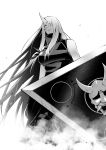  1girl absurdres arknights bare_shoulders breasts greyscale hair_over_one_eye highres horns hoshiguma_(arknights) knee_pads large_breasts long_hair monochrome one_eye_closed parted_lips shirt simple_background single_horn sleeveless sleeveless_shirt solo toxin000x turtleneck very_long_hair white_background 