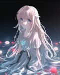  1girl backlighting blue_eyes commentary_request dress ender_lilies_quietus_of_the_knights hair_ribbon highres jewelry light light_particles lily_(ender_lilies) long_hair looking_at_viewer necklace partially_submerged peco_(ppeco0) ribbon sitting solo very_long_hair water water_lily_flower white_dress white_hair white_ribbon 