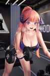  1girl :d absurdres alternate_costume alternate_hairstyle arknights bagpipe_(arknights) bangs bare_shoulders bent_over bike_shorts black_shorts blunt_bangs blush breasts cleavage collarbone dumbbell exercise feet_out_of_frame geomiddang highres indoors large_breasts long_hair looking_at_viewer open_mouth orange_hair ponytail purple_eyes revision rhodes_island_logo shorts signature smile solo sports_bra standing steaming_body teeth upper_teeth_only very_long_hair weightlifting 