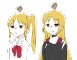  2girls absurdres ahoge bangs black_shirt blonde_hair bocchi_the_rock! bow brown_eyes choker collared_shirt goumonsha highres ijichi_nijika ijichi_seika long_hair long_sleeves multiple_girls open_mouth red_eyes shirt shogi_piece side_ponytail sidelocks sketch white_shirt 