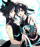  2boys animal_ears aqua_eyes aqua_hair arm_tattoo black_hair braid closed_mouth facing_to_the_side fox_boy fox_ears genshin_impact highres kayu_(yukagoin) looking_at_viewer multiple_boys open_mouth rabbit_boy rabbit_ears short_braid short_hair smile tattoo twin_braids venti_(genshin_impact) white_background xiao_(genshin_impact) yellow_eyes 