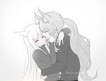  2girls animal_ear_fluff animal_ears arknights blush character_request closed_eyes gradient_background grey_background greyscale horse_ears long_hair long_sleeves monochrome multiple_girls parted_lips ponytail shirt smile supershrimpcakes twitter_username upper_body very_long_hair watermark white_background yuri 