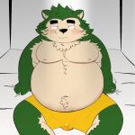  2023 anthro belly big_belly black_nose blush bulge canid canine canis domestic_dog green_body kemono lifewonders live_a_hero male mammal mokdai navel overweight overweight_male raio_owo sitting solo 