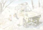  1girl animal beanie black_hair car fox ground_vehicle hat jettoburikku motor_vehicle original overalls portable_stove scarf snow tanuki torii toyota tree winch winter 