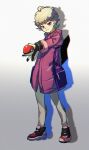  1boy ahoge bangs bede_(pokemon) blonde_hair blush closed_mouth coat curly_hair full_body gloves highres holding holding_poke_ball kiliko-san male_focus pants partially_fingerless_gloves poke_ball poke_ball_(basic) pokemon pokemon_(game) pokemon_swsh pouch purple_bag purple_coat purple_eyes shoes short_hair sleeves_rolled_up smile solo standing 