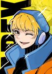  1girl absurdres animification apex_legends bangs black_eyes black_sweater blonde_hair blue_headwear copyright_name highres jacket looking_at_viewer niu_te_mianbao_ren one_eye_closed open_mouth orange_jacket portrait ribbed_sweater smile solo sweater wattson_(apex_legends) yellow_background 