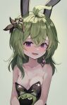  1girl :d absurdres ahoge animal_ears bangs bare_shoulders black_leotard blush breasts collarbone collei_(genshin_impact) commentary cuilein-anbar_(genshin_impact) earrings genshin_impact green_background green_hair gro_(lee145879) hair_between_eyes hair_ornament highres jewelry leotard long_hair looking_at_viewer oversized_clothes playboy_bunny purple_eyes rabbit_ears single_earring small_breasts smile strapless strapless_leotard sweat upper_body 