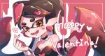  1girl bangs black_choker black_hair box callie_(splatoon) choker cross-shaped_pupils earrings english_text facial_mark fang frilled_choker frills giving gradient_hair hair_ornament happy_valentine heart heart-shaped_box heart_earrings heart_hair_ornament highres jewelry long_hair looking_at_viewer mole mole_under_eye multicolored_hair naki_tamago open_mouth orange_hair pink_hair smile solo splatoon_(series) splatoon_1 strapless swept_bangs symbol-shaped_pupils tentacle_hair valentine very_long_hair wrist_cuffs 