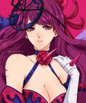  1girl bangs bare_shoulders breasts cleavage dress elbow_gloves fascinator fire_emblem fire_emblem_engage flower gloves hair_ornament ivy_(fire_emblem) jewelry large_breasts long_hair looking_at_viewer mole mole_under_mouth parted_lips purple_eyes purple_hair rose sierra117renner solo upper_body white_gloves 
