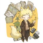  1boy animal_ears ashfx atou_haruki black_pants blonde_hair book brown_coat brown_footwear brown_vest cassette_tape chibi chinese_commentary clipboard closed_eyes closed_mouth coat colored_eyelashes commentary_request dvd_(object) food fox_boy fox_ears fox_tail fruit grape_vine grapes hand_in_pocket hand_up kemonomimi_mode male_focus no_nose open_clothes open_coat pants ribbed_sweater saibou_shinkyoku shoes short_hair smile solo sweater tail turtleneck turtleneck_sweater vest yellow_sweater 