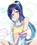 1girl bangs birthday blue_hair commentary english_text grin happy_birthday headphones headphones_around_neck high_ponytail long_hair looking_at_viewer love_live! love_live!_sunshine!! matsuura_kanan ponytail purple_eyes sidelocks sitting smile solo wal---dg7sdr-0128 white_background 
