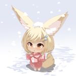  1girl :&lt; animal_ear_fluff animal_ears bangs barefoot blonde_hair brown_eyes chibi collared_jacket commentary_request fox_ears fox_girl fox_tail full_body hair_ornament hairclip highres jacket long_sleeves original parted_lips pink_jacket snow snow_on_head snowflake_hair_ornament snowing solo standing swept_bangs tail triangle_mouth wide_sleeves yuuji_(yukimimi) 