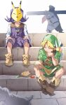  3boys absurdres belt blonde_hair boots brown_footwear closed_eyes dog fairy highres jewelry kafei link male_focus map mask mask_removed multiple_boys necklace pretty-purin720 purple_hair short_sleeves stairs the_legend_of_zelda the_legend_of_zelda:_majora&#039;s_mask 