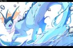  absurdres closed_mouth commentary_request from_side highres letterboxed looking_at_viewer no_humans pokedex_number pokemon pokemon_(creature) purple_eyes roncha_(shumokumoku) smile solo vaporeon water water_drop white_background 