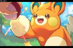  1other :d absurdres brown_eyes cloud commentary_request day highres holding holding_poke_ball letterboxed open_mouth outdoors pawmi poke_ball poke_ball_(basic) pokedex_number pokemon pokemon_(creature) roncha_(shumokumoku) sky smile star_(symbol) tongue tree 