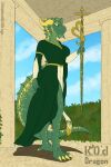  anthro big_tail bottomwear breasts clothing dragonborn_(dnd) dress dungeons_and_dragons female gold_scales green_body hasbro hi_res kenalatras_verata knockedoutdragon loincloth magic_staff medieval_clothing solo tail wizards_of_the_coast yellow_eyes 