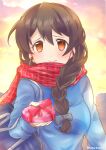  1girl backlighting bag bangs blue_ribbon blue_sweater blush box braid braided_ponytail brown_eyes brown_hair closed_mouth commentary gift girls_und_panzer giving hair_over_shoulder hair_ribbon heart-shaped_box highres holding holding_gift long_hair long_sleeves looking_at_viewer namatyoco outdoors plaid plaid_scarf red_scarf ribbon rukuriri_(girls_und_panzer) scarf school_bag school_uniform single_braid smile solo st._gloriana&#039;s_school_uniform sweater twilight twitter_username valentine 