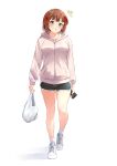  1girl :o absurdres amami_haruka b1ack_illust bag bare_legs black_shorts blush breasts brown_hair cellphone collarbone dolphin_shorts full_body hair_ribbon highres holding holding_bag holding_phone hood hoodie idolmaster idolmaster_(classic) idolmaster_million_live! large_breasts looking_at_viewer phone plastic_bag red_ribbon ribbon short_shorts shorts simple_background solo white_background 