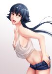  1girl bangs black_hair bleach blue_eyes blue_shorts blunt_bangs blush breasts chinese_commentary collarbone commentary from_side gradient_background highres leaning_forward long_hair looking_at_viewer midriff navel no_bra open_mouth sakuya_(liao_kj) short_shorts shorts sideboob simple_background small_breasts sui-feng tank_top teeth twintails undressing upper_teeth_only white_tank_top 