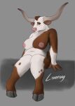  2021 2_horns anthro areola belly big_breasts big_horn bovid bovine breasts brown_body brown_ears brown_eyes brown_fur cattle cloven_hooves digital_drawing_(artwork) digital_media_(artwork) eyelashes female freckles fur grey_hooves hi_res hooves horn looking_at_viewer lovesong mammal multicolored_body multicolored_fur pink_areola pink_nose signature slightly_chubby solo texas_longhorn two_tone_body two_tone_fur white_body white_fur 