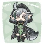  1girl arknights black_jacket black_thighhighs blush brown_eyes chibi closed_mouth commentary_request crocodilian_tail dog-san full_body gavial_(arknights) gloves green_hair grey_gloves grey_hair happy_birthday highres holding hood hood_up hooded_jacket jacket long_sleeves looking_at_viewer multicolored_hair pointy_ears puffy_long_sleeves puffy_sleeves smile standing streaked_hair tail thighhighs tomimi_(arknights) 