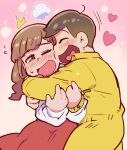  1boy 1girl ahoge bangs black_hair blunt_bangs braid brown_eyes brown_hair closed_eyes couple freckles heart heart_in_mouth hetero hug jumpsuit jyushimatsu&#039;s_girlfriend long_hair matsuno_jyushimatsu open_mouth osomatsu-san ribbon sanjiro_(tenshin_anman) smile yellow_jumpsuit 