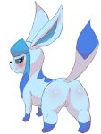  anus blue_body blue_eyes blush butt eeveelution female feral generation_4_pokemon genitals glaceon hi_res looking_at_viewer nintendo pokemon pokemon_(species) pussy raised_tail simple_background solo tail white_background 