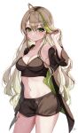  1girl absurdres ahoge armpits black_camisole black_shirt black_shorts blonde_hair blush breasts camisole cleavage closed_mouth commentary_request cowboy_shot crop_top green_eyes green_hair green_nails hair_between_eyes hand_in_own_hair hand_on_own_thigh hand_up highres kudou_(sikisiki0000) lace_trim long_hair looking_at_viewer medium_breasts multicolored_hair off_shoulder open_clothes open_shirt original shirt short_shorts shorts signature simple_background single_bare_shoulder smile solo stomach streaked_hair thighs two-tone_hair very_long_hair wavy_hair white_background 
