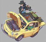  2boys arsene_lupin_iii black_hair black_headwear black_jacket black_pants blue_shirt cameron_sewell car cigarette driving facial_hair fiat_500 full_body green_jacket grey_background ground_vehicle gun hat highres holding holding_weapon jacket jigen_daisuke lupin_iii motor_vehicle multiple_boys necktie pants shell_casing shirt shirt_tucked_in simple_background vehicle_focus weapon white_necktie yellow_car yellow_necktie 