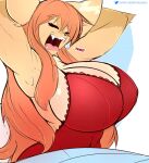  anthro bed bedding big_breasts blanket breasts brown_hair canid canine eyes_closed female fox furniture hair hands_behind_head huge_breasts long_hair mammal nightgown on_bed open_mouth sagestrike2_(artist) sharp_teeth solo teeth waking_up watermark yawn 