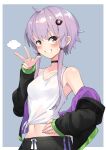  1girl :d bare_shoulders black_choker black_jacket blush breasts choker grey_background grin hand_on_hip highres jacket long_sleeves looking_at_viewer midriff navel off_shoulder open_clothes open_jacket parted_lips purple_hair shirt short_hair_with_long_locks sidelocks simple_background small_breasts smile solo sweater tank_top upper_body v vocaloid voiceroid white_shirt yellow_eyes yuzuki_yukari zooanime 