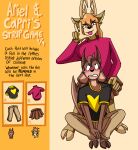  absurd_res anthro antlers ariel_(deerkid) barefoot black_clothing black_nose black_shirt black_t-shirt black_topwear bovid brown_body brown_fur capri_(deerkid) caprine clothed clothing deer deerkid english_text feet female fully_clothed fur goat hair hi_res hooves horn khaki_pants male male/female mammal open_mouth orange_hair pink_clothing pink_sweater pink_topwear shirt sweater t-shirt tan_body tan_fur teeth_showing text tongue tongue_out topwear 