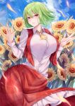  1girl ascot bangs blue_sky breasts closed_mouth cloud commentary_request field flower flower_field frilled_skirt frills green_hair highres kazami_yuuka large_breasts long_sleeves looking_at_viewer mirufui outdoors parted_lips red_eyes red_skirt red_vest shirt short_hair sketch skirt sky smile solo sunflower touhou vest white_shirt yellow_ascot yellow_flower 