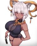  1girl absurdres animal_ears arknights armlet bangs bare_shoulders black_one-piece_swimsuit blunt_bangs blush breasts carnelian_(arknights) carnelian_(shining_dew)_(arknights) casual_one-piece_swimsuit cleavage cowboy_shot dark-skinned_female dark_skin from_above goat_ears goat_girl goat_horns highres holding holding_shoes horns impossible_clothes impossible_swimsuit jewelry looking_at_viewer looking_up necklace official_alternate_costume one-piece_swimsuit parted_lips red_eyes rikuguma shoes shoes_removed short_hair smile solo swimsuit thigh_strap white_hair 