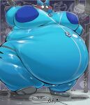  &lt;3 anthro blush bulge camera clothing floor footwear generation_4_pokemon hi_res jumpsuit kro_coffee lucario male moobs nintendo overweight pokemon pokemon_(species) shoes solo thick_thighs weight_gain zipper 