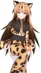  :&lt; animal_ears animal_print bangs bare_shoulders black_shirt blonde_hair boots breast_pocket breasts brown_hair cheetah_ears cheetah_girl cheetah_print cheetah_tail closed_mouth collared_shirt colored_inner_hair elbow_gloves eyelashes feet_out_of_frame gloves gradient_hair highres karekusa_meronu kemono_friends king_cheetah_(kemono_friends) large_breasts light_blush long_hair looking_at_viewer microskirt multicolored_hair necktie pleated_skirt pocket print_footwear print_gloves print_necktie print_skirt print_thighhighs shirt skirt tail taut_clothes thighhighs two-tone_hair very_long_hair wing_collar yellow_eyes zettai_ryouiki 