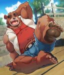  2023 absurd_res anthro bakedanooki bear belly big_belly black_nose bottomwear brown_body bulge clothing detailed_background eyes_closed feet hi_res kemono male mammal musclegut outside overweight overweight_male shirt shorts solo topwear 