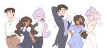  1boy 2girls alternate_costume anabel_(pokemon) arm_behind_head belt blue_dress blush closed_eyes collared_shirt cowboy_shot dark-skinned_female dark_skin dress emma_(pokemon) gloves hair_over_one_eye hands_in_pockets hands_on_hips looker_(pokemon) looking_at_another multiple_girls multiple_views open_mouth pokemon pokemon_(game) pokemon_sm pokemon_xy ponytail purple_hair shirt smile vergolophus white_background white_shirt 