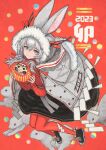  1girl 2023 black_footwear cape chinese_zodiac daruma_doll doll grey_cape grey_eyes grey_hair highres holding holding_doll long_hair long_sleeves looking_at_viewer original pantyhose rabbit red_background red_pantyhose red_sweater shoes solo sweater window1228 year_of_the_rabbit 