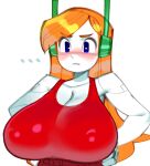 big_breasts blonde_hair blue_eyes blush breasts cave_story clothed clothing curly_brace female hair headphones huge_breasts humanoid machine nipple_outline robot robot_humanoid serious simple_background solo topwear wamudraws white_body 