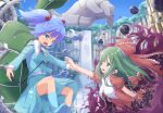  2girls backpack bag blue_eyes blue_hair blue_shirt blue_skirt bow dress fang frilled_dress frilled_ribbon frills green_bag green_eyes green_hair hair_bobbles hair_ornament hidarikata highres holding_another&#039;s_wrist kagiyama_hina kawashiro_nitori key long_hair mechanical_arms multiple_girls outdoors pocket red_bow red_dress ribbon shirt short_twintails skin_fang skirt touhou twintails water waterfall 