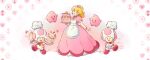 1girl 2boys apron blonde_hair blue_eyes bowl cake chef_hat commentary dress earrings english_commentary food hat highres holding holding_bowl holding_cake holding_food holding_whisk jewelry long_hair looking_at_viewer luma_(mario) mario_(series) multiple_boys open_mouth pink_dress princess_peach saiwoproject simple_background toad_(mario) vest whisk white_apron 