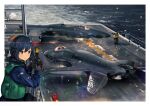  1girl 6+boys absurdres ace_combat aircraft airplane asf-x_shinden_ii bangs black_gloves black_skirt blue_eyes blue_hair blue_jacket blush border camera closed_mouth fighter_jet flight_deck gloves green_vest hair_between_eyes headphones highres holding holding_camera jacket japanese_flag jet long_sleeves military military_vehicle multiple_boys ocean short_hair skirt timmyyen vest white_border 