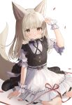  1girl :o animal_ear_fluff animal_ears apron arm_up bangs black_bow black_dress black_footwear blush bow brown_eyes brown_hair commentary_request dress fox_ears fox_girl fox_tail frilled_apron frills goma_(u_p) highres long_hair looking_at_viewer original parted_lips petals ribbon-trimmed_apron ribbon_trim shirt shoes short_sleeves simple_background sitting sleeveless sleeveless_dress solo tail very_long_hair waist_apron wariza white_apron white_background white_shirt wrist_cuffs 